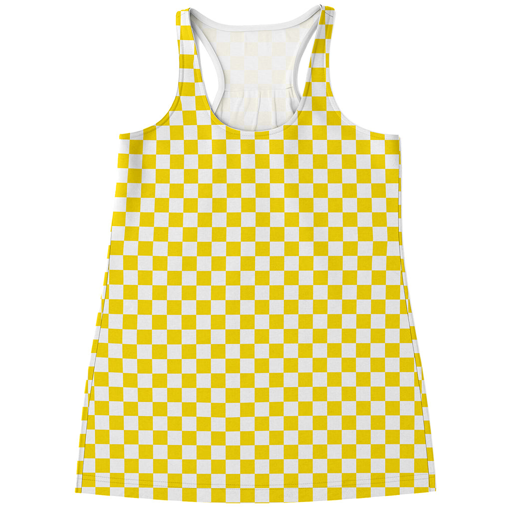 Yellow And White Checkered Pattern Print Women's Racerback Tank Top
