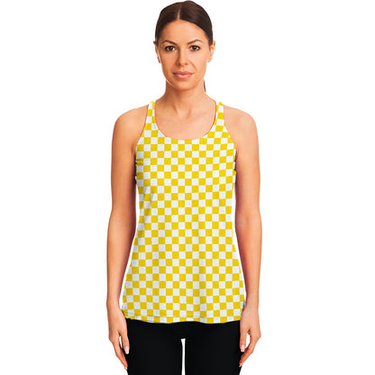 Yellow And White Checkered Pattern Print Women's Racerback Tank Top