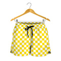 Yellow And White Checkered Pattern Print Women's Shorts