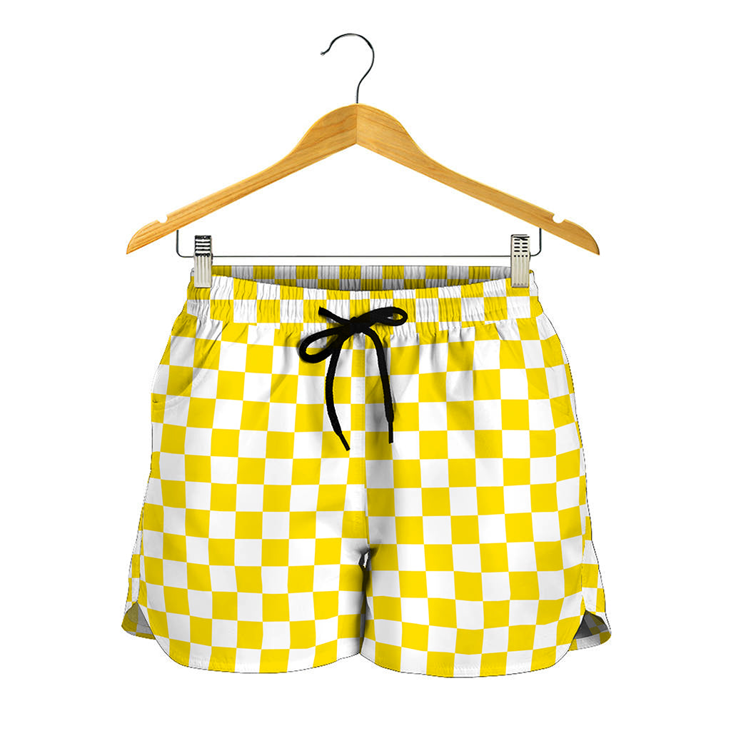 Yellow And White Checkered Pattern Print Women's Shorts