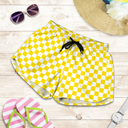 Yellow And White Checkered Pattern Print Women's Shorts