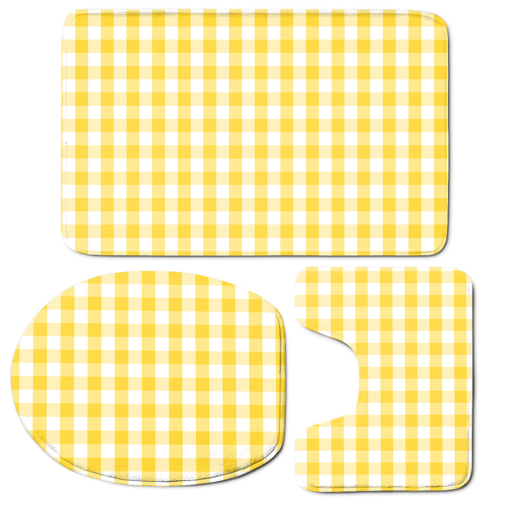 Yellow And White Gingham Pattern Print 3 Piece Bath Mat Set