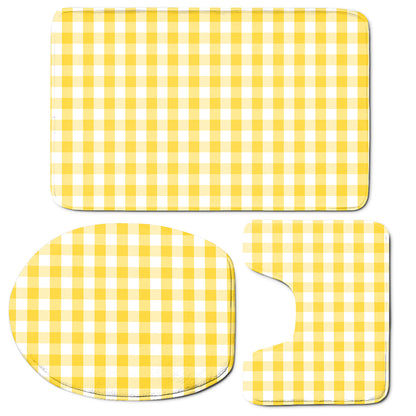 Yellow And White Gingham Pattern Print 3 Piece Bath Mat Set