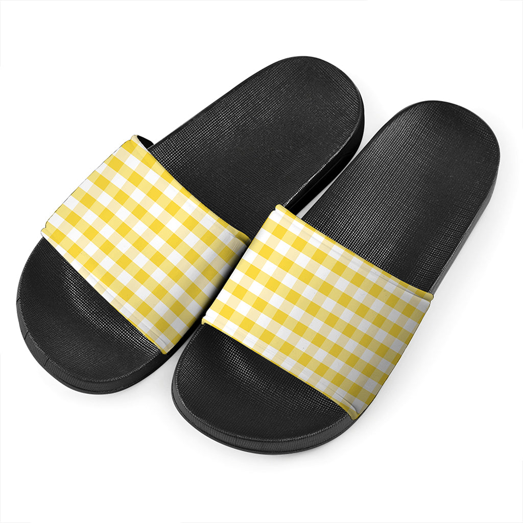 Yellow And White Gingham Pattern Print Black Slide Sandals