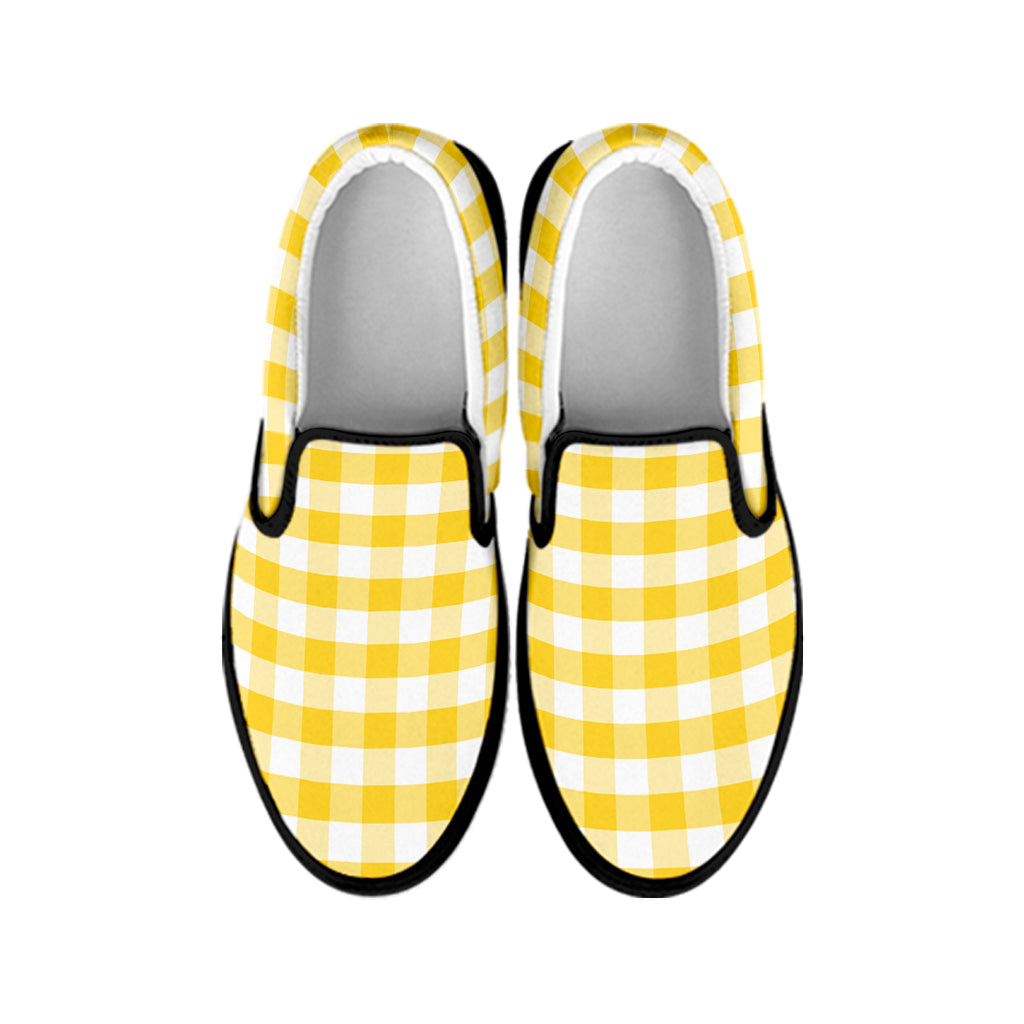 Yellow And White Gingham Pattern Print Black Slip On Shoes