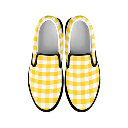 Yellow And White Gingham Pattern Print Black Slip On Shoes
