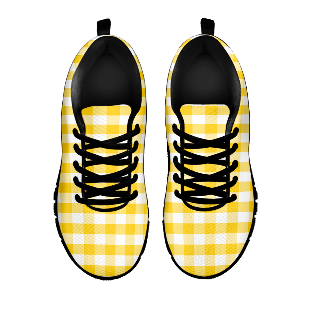 Yellow And White Gingham Pattern Print Black Sneakers