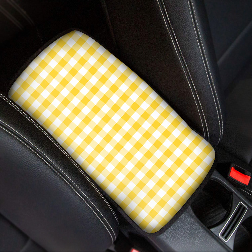 Yellow And White Gingham Pattern Print Car Center Console Cover