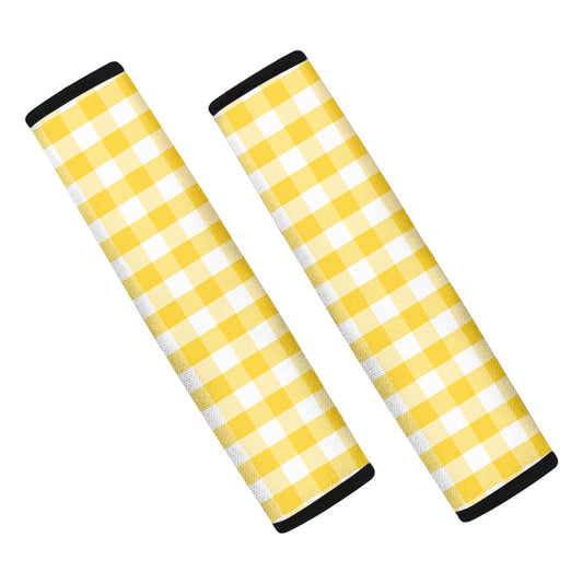 Yellow And White Gingham Pattern Print Car Seat Belt Covers