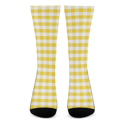 Yellow And White Gingham Pattern Print Crew Socks