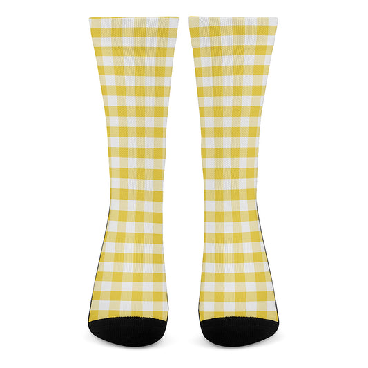Yellow And White Gingham Pattern Print Crew Socks