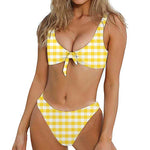 Yellow And White Gingham Pattern Print Front Bow Tie Bikini