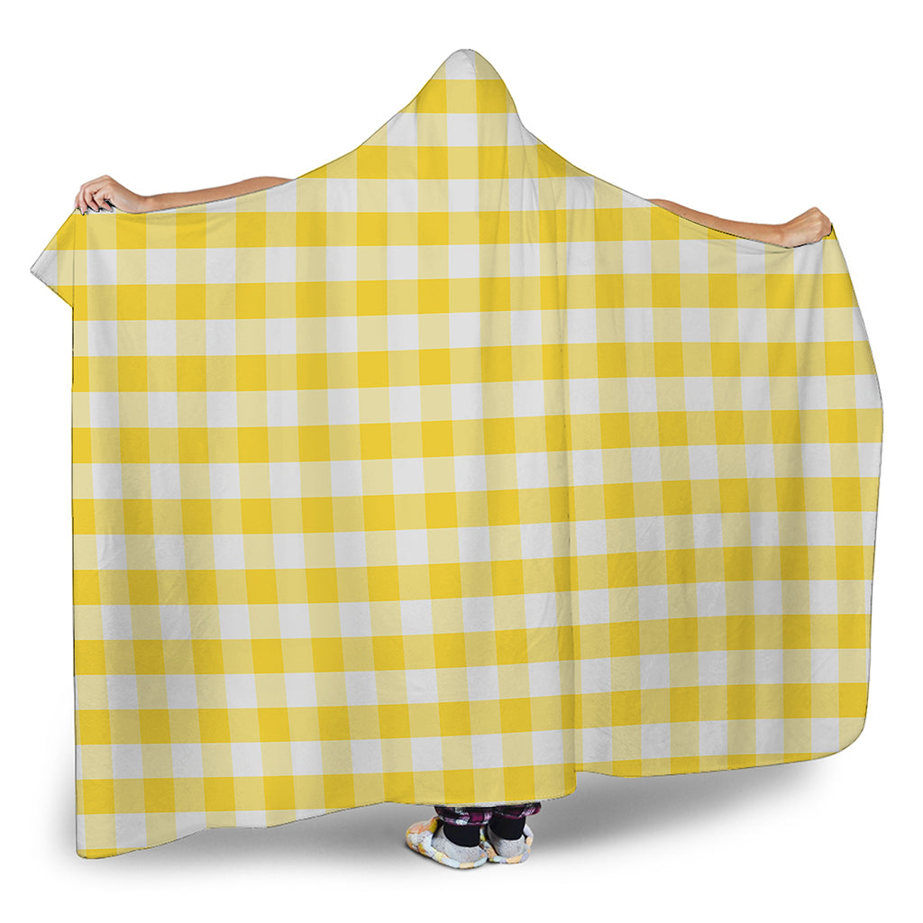 Yellow And White Gingham Pattern Print Hooded Blanket