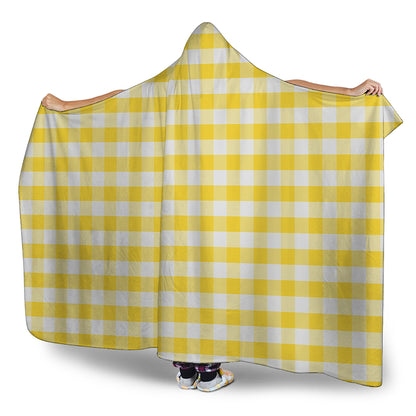 Yellow And White Gingham Pattern Print Hooded Blanket