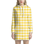 Yellow And White Gingham Pattern Print Hoodie Dress