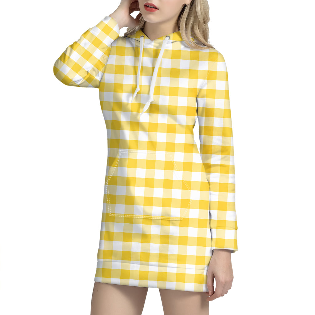 Yellow And White Gingham Pattern Print Hoodie Dress