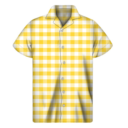 Yellow And White Gingham Pattern Print Men's Short Sleeve Shirt