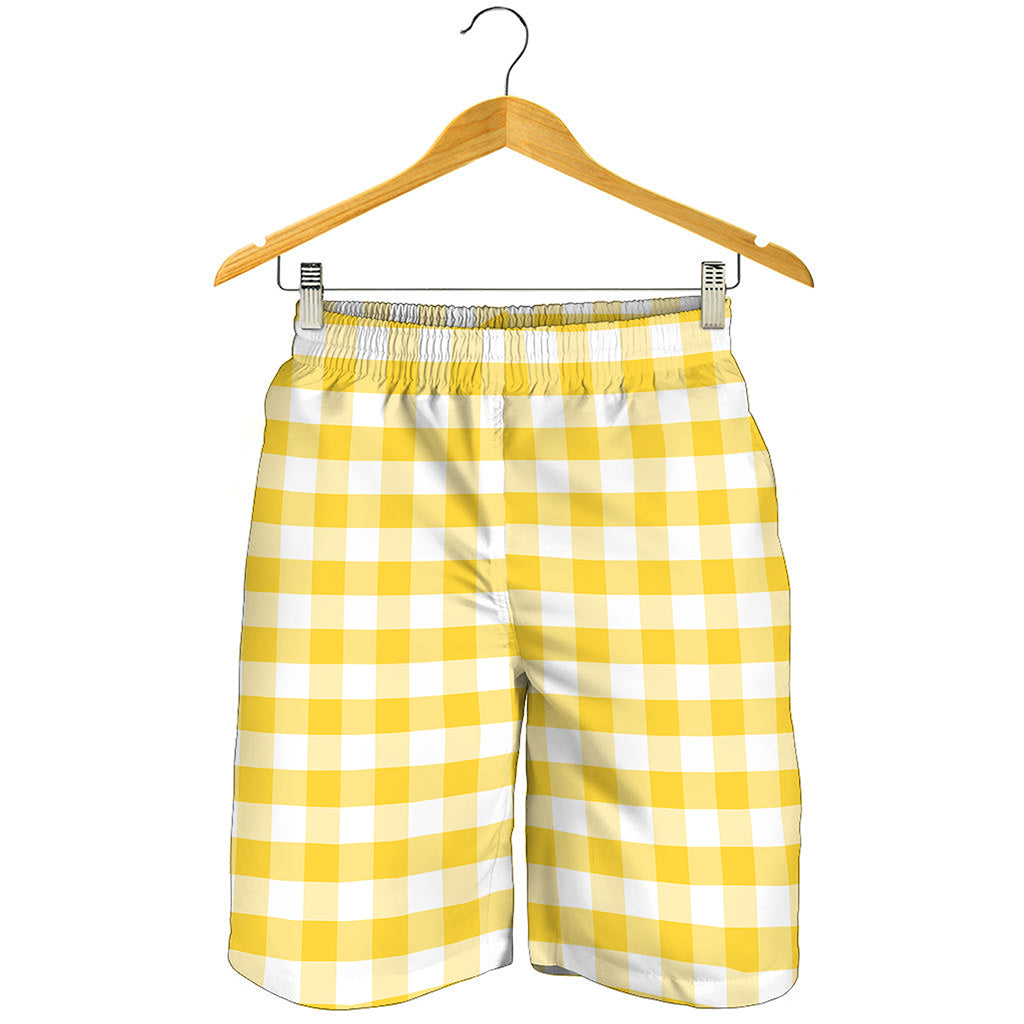 Yellow And White Gingham Pattern Print Men's Shorts