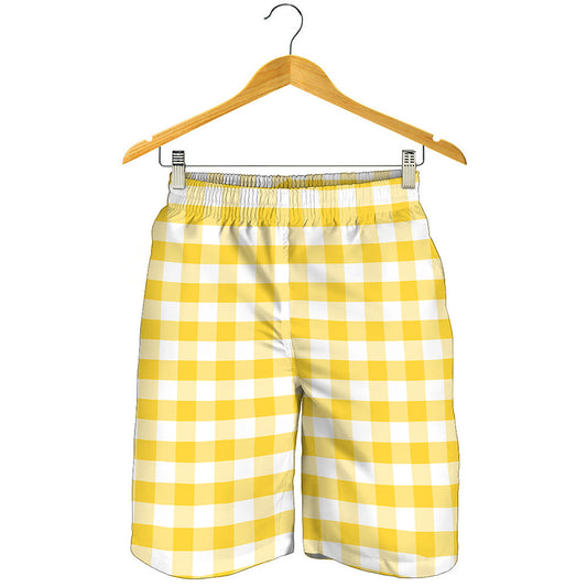 Yellow And White Gingham Pattern Print Men's Shorts