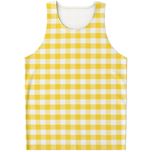 Yellow And White Gingham Pattern Print Men's Tank Top
