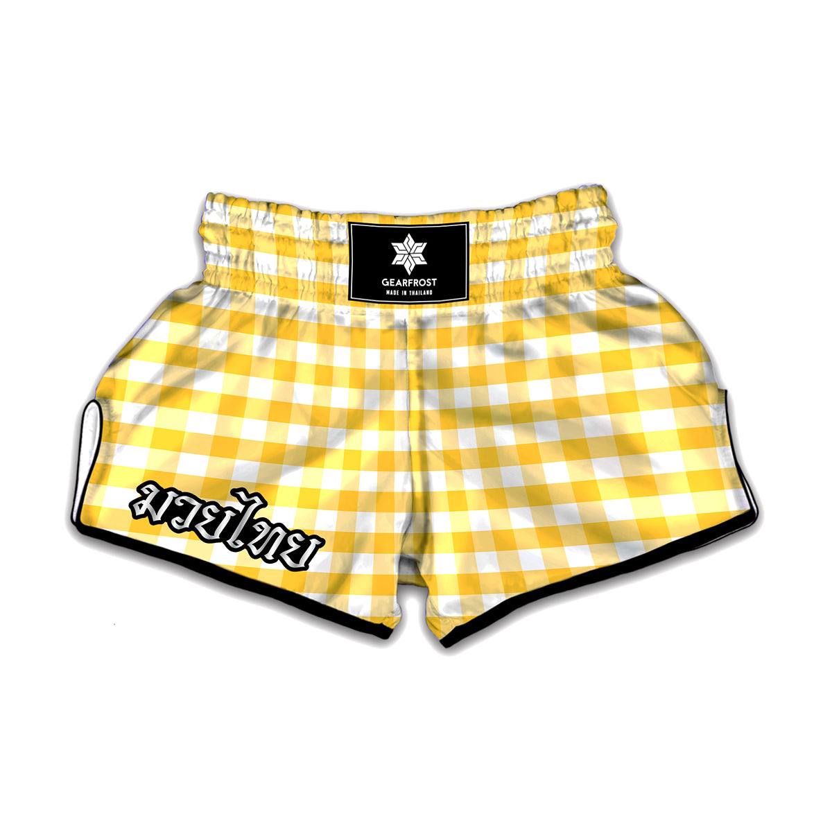 Yellow And White Gingham Pattern Print Muay Thai Boxing Shorts