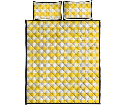 Yellow And White Gingham Pattern Print Quilt Bed Set