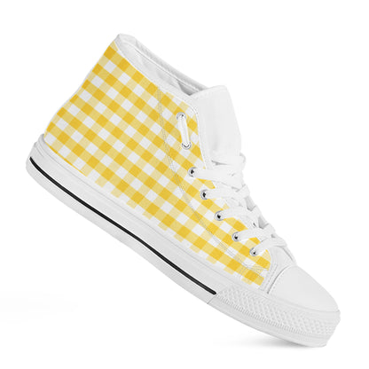 Yellow And White Gingham Pattern Print White High Top Shoes
