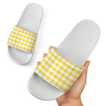 Yellow And White Gingham Pattern Print White Slide Sandals
