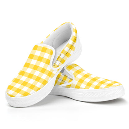 Yellow And White Gingham Pattern Print White Slip On Shoes