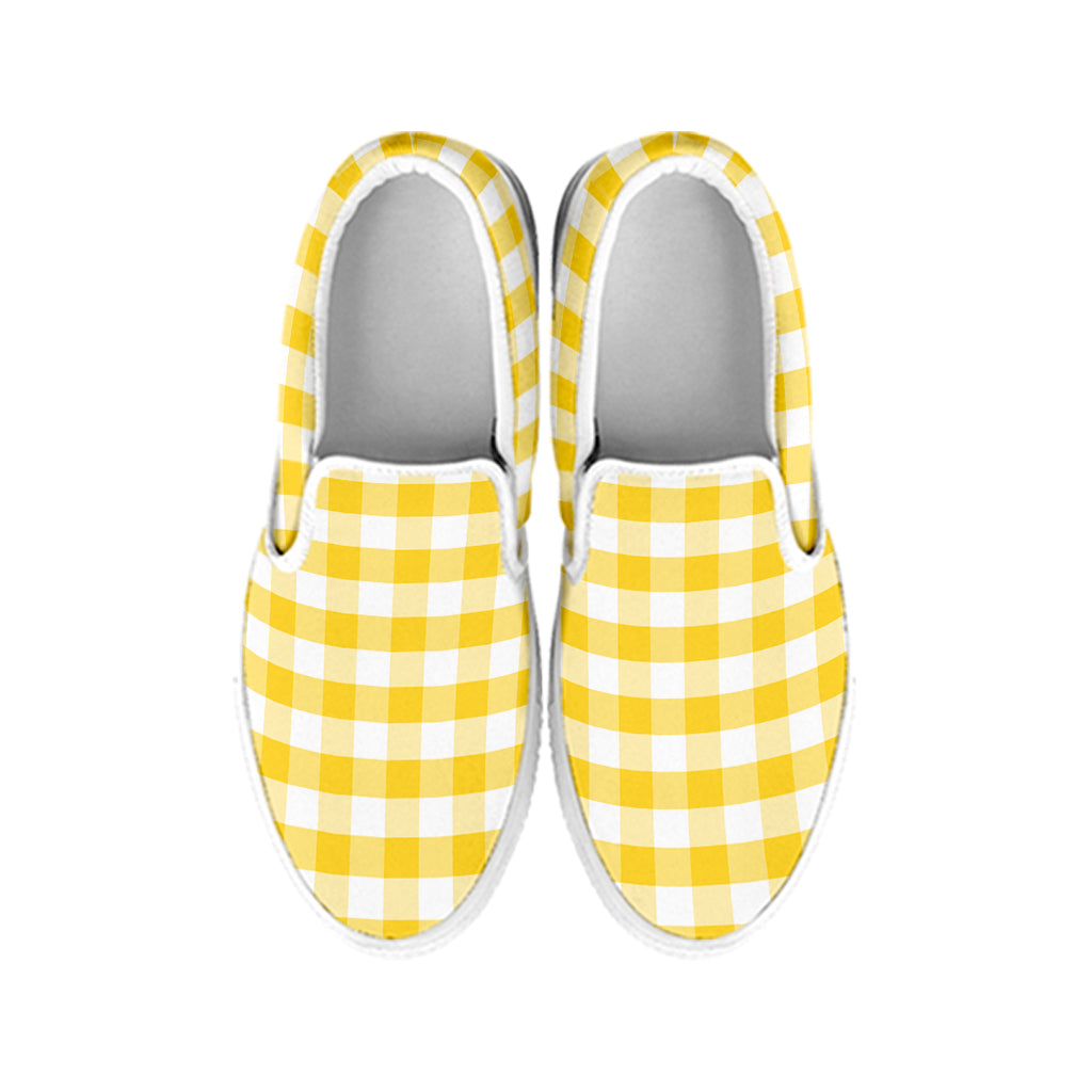 Yellow And White Gingham Pattern Print White Slip On Shoes