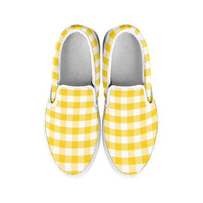 Yellow And White Gingham Pattern Print White Slip On Shoes