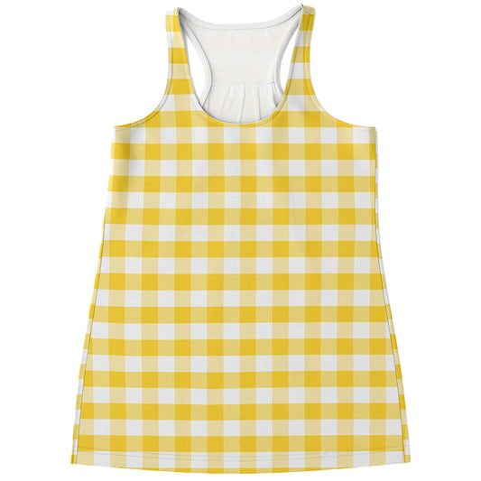 Yellow And White Gingham Pattern Print Women's Racerback Tank Top