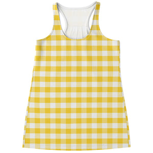 Yellow And White Gingham Pattern Print Women's Racerback Tank Top
