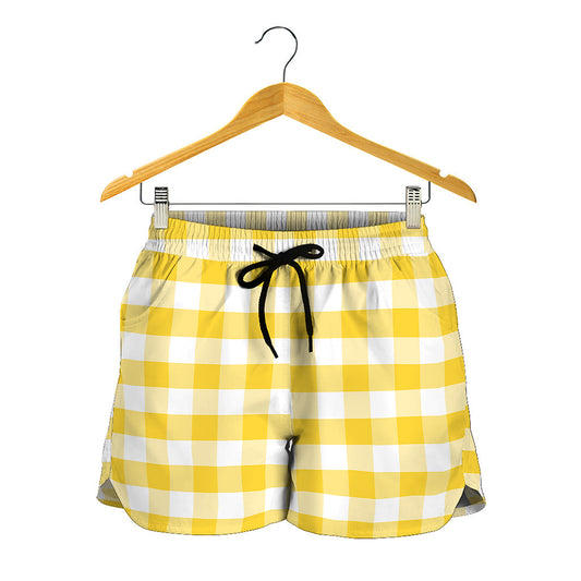 Yellow And White Gingham Pattern Print Women's Shorts