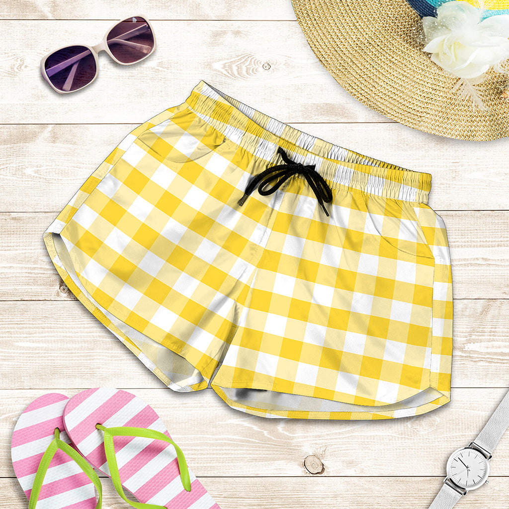 Yellow And White Gingham Pattern Print Women's Shorts