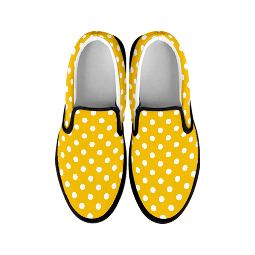 Yellow And White Polka Dot Pattern Print Black Slip On Shoes