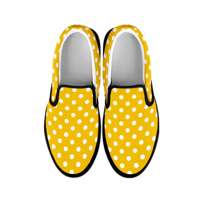 Yellow And White Polka Dot Pattern Print Black Slip On Shoes