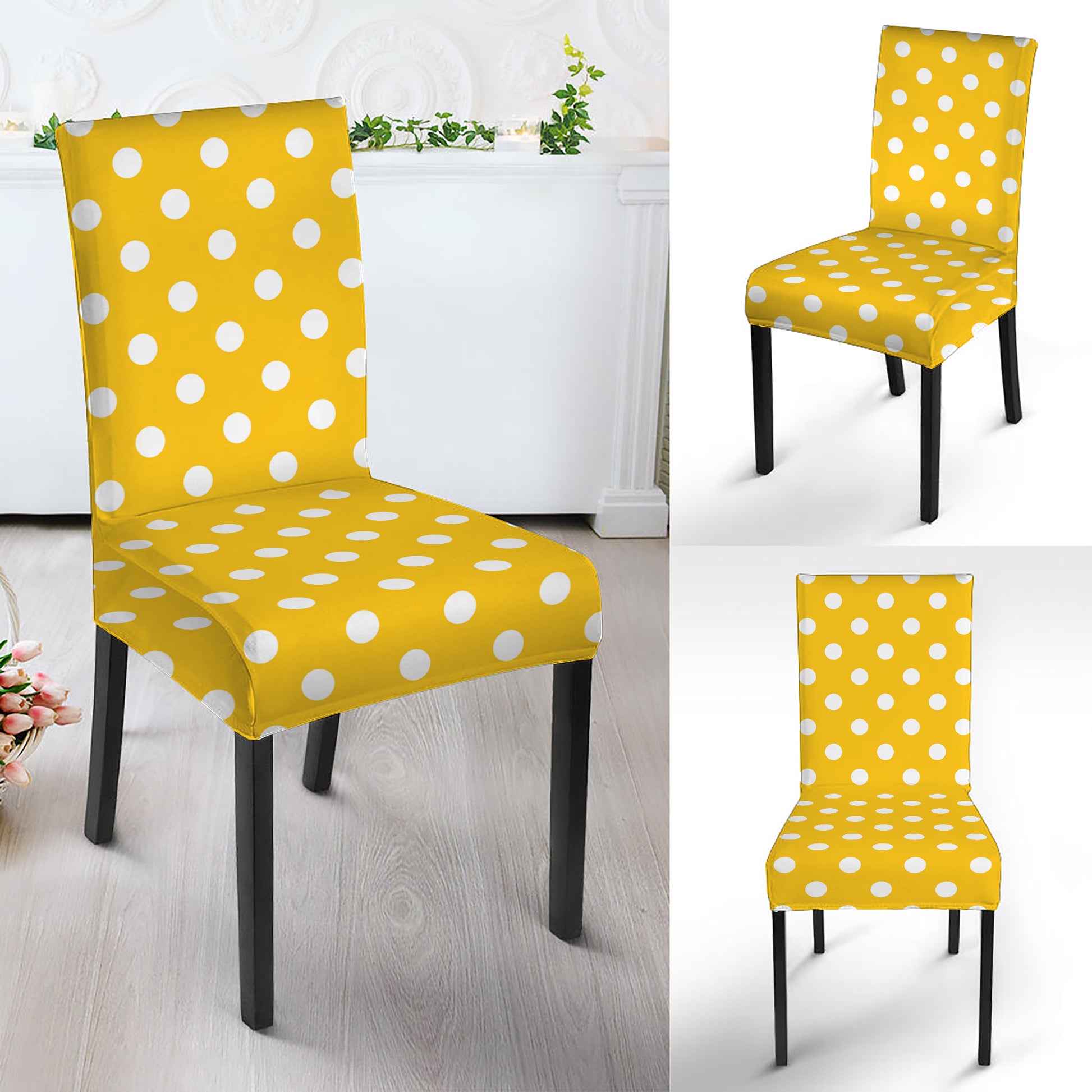 Yellow And White Polka Dot Pattern Print Dining Chair Slipcover