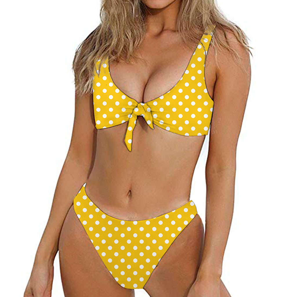 Yellow And White Polka Dot Pattern Print Front Bow Tie Bikini