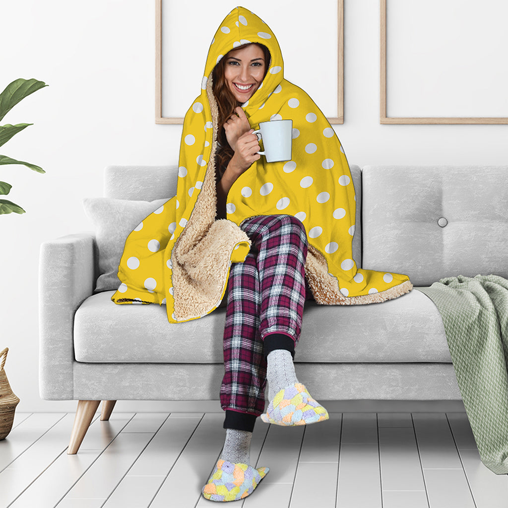 Yellow And White Polka Dot Pattern Print Hooded Blanket