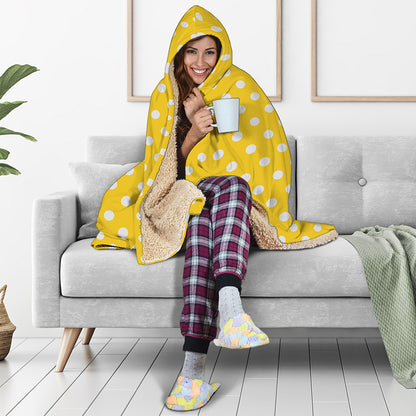 Yellow And White Polka Dot Pattern Print Hooded Blanket