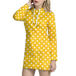 Yellow And White Polka Dot Pattern Print Hoodie Dress
