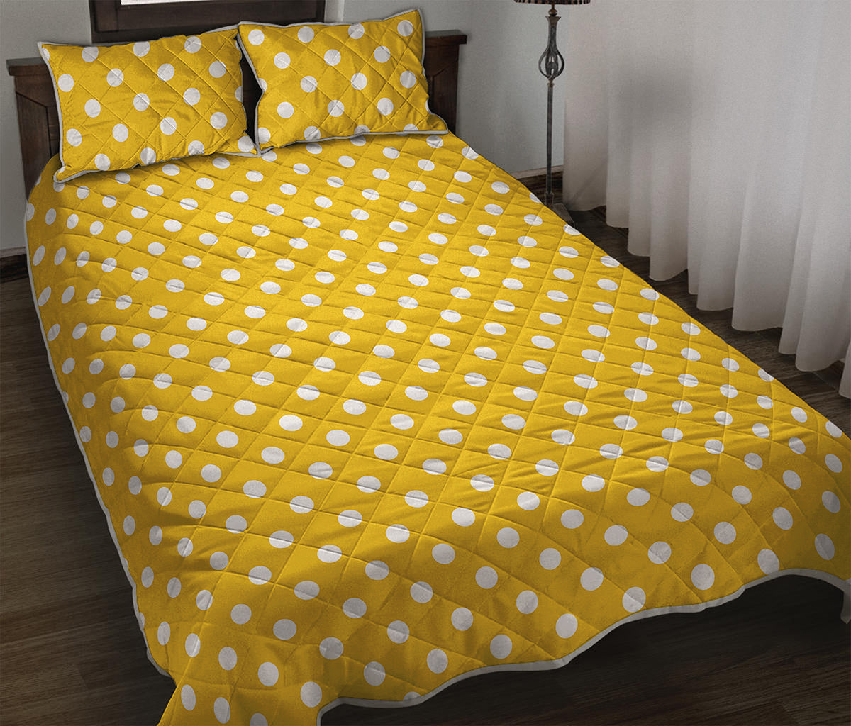 Yellow And White Polka Dot Pattern Print Quilt Bed Set