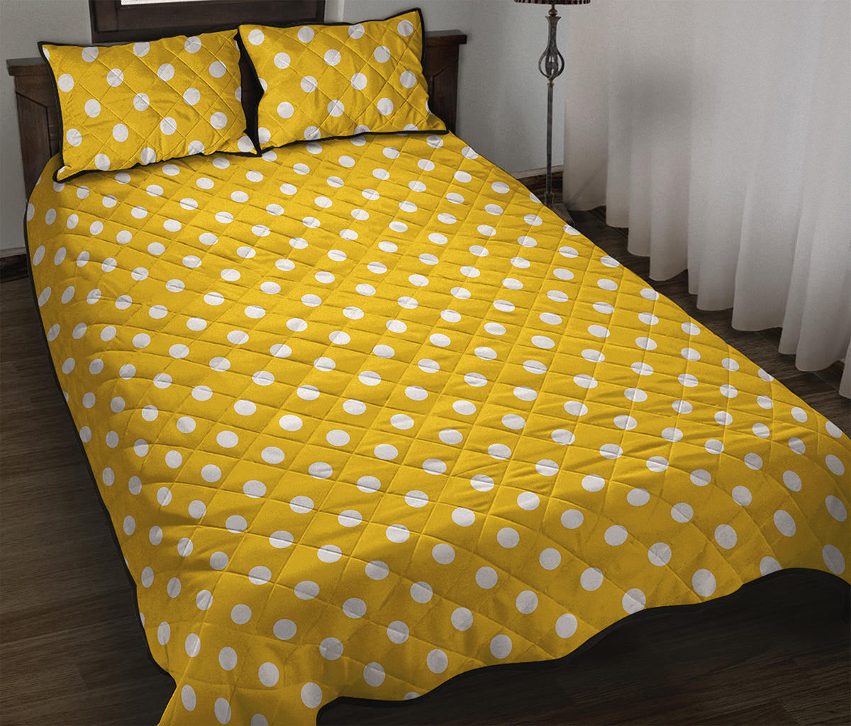 Yellow And White Polka Dot Pattern Print Quilt Bed Set