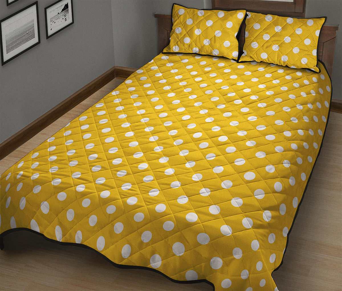 Yellow And White Polka Dot Pattern Print Quilt Bed Set