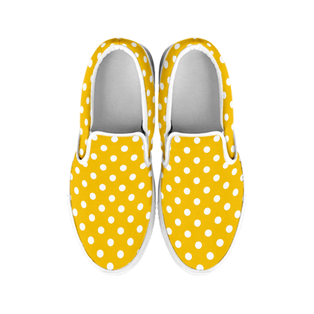 Yellow And White Polka Dot Pattern Print White Slip On Shoes