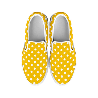 Yellow And White Polka Dot Pattern Print White Slip On Shoes