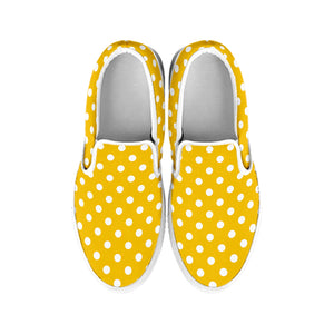 Yellow And White Polka Dot Pattern Print White Slip On Shoes