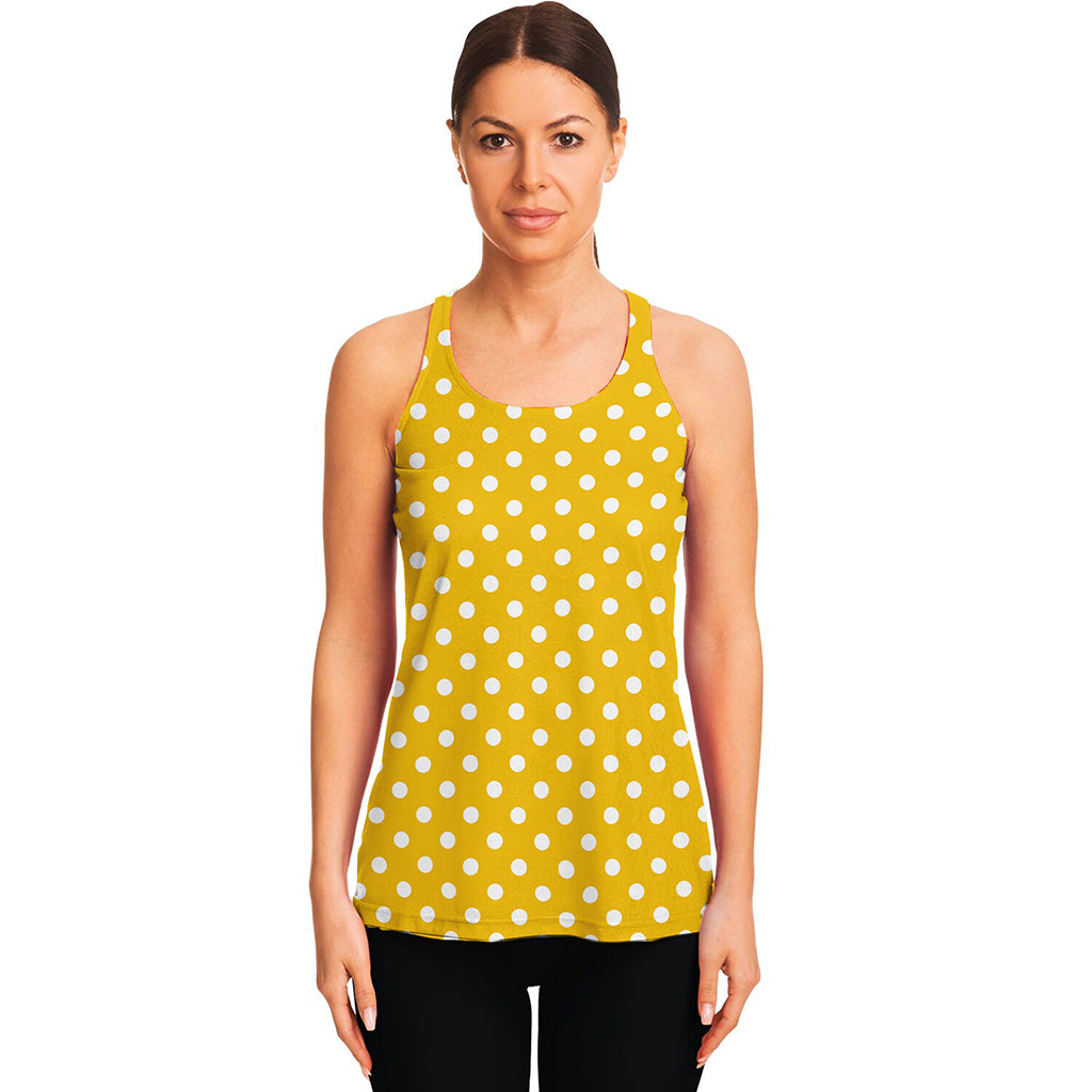 Yellow And White Polka Dot Pattern Print Women's Racerback Tank Top