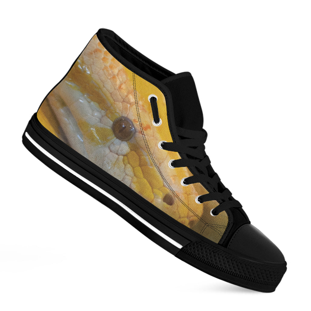 Yellow And White Python Snake Print Black High Top Shoes